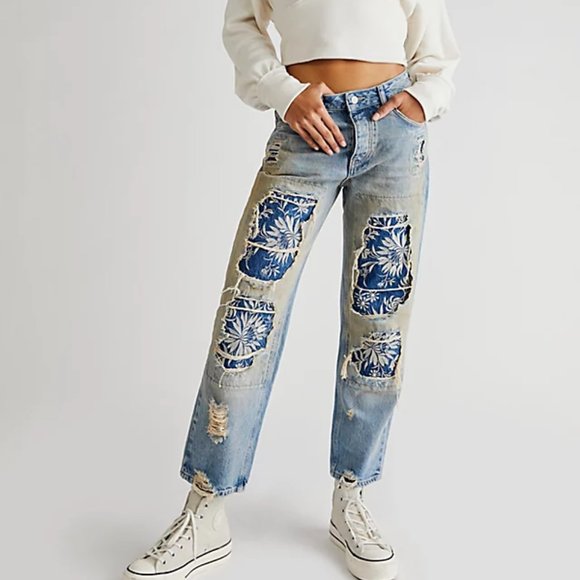Free People Blue Patterned Straight Leg Jeans - Picture 2 of 12
